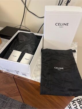 Empty Celine Paris box with dust bag, cards and tissue paper